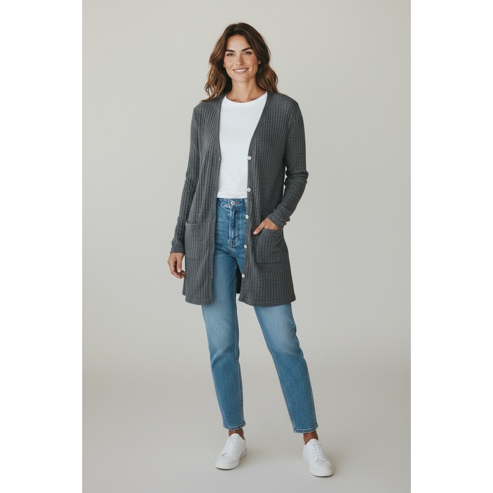 Witsmile Rib Knit Cardigan Sweater Gray Button Front V-Neck Pockets Womens L